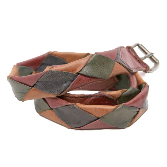 Vintage Vacher France Leather Belt Patchwork Diamond 80s Soft Brown Yellow Green - Picture 2 of 9